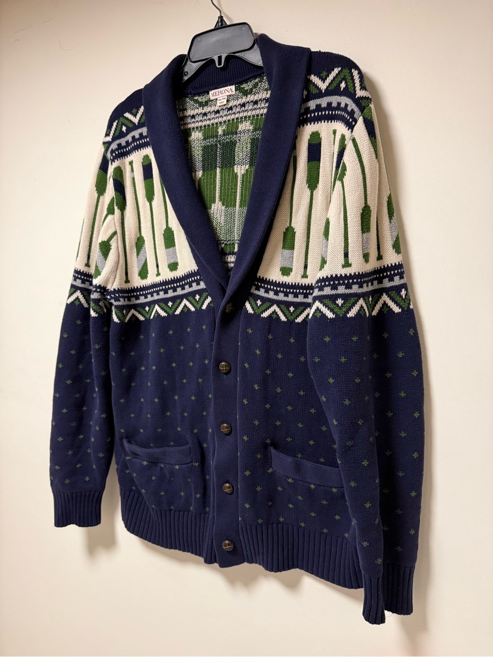 Merona Navy & Green Nautical Shawl Collar Men’s Cardigan Sweater XL Campcore - Picture 3 of 9